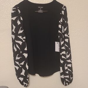 Nine West Black Blouse with White Patterned Sleeves